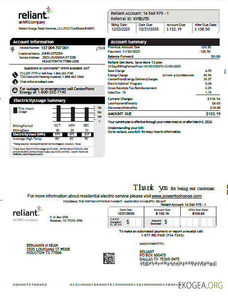 USA Reliant Energy utility bill template in Word and PDF formats, version 2